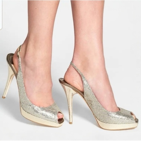 JIMMY CHOO CLUE GLITTER SLINGBACK PLATFORM PEEP TOE HIGH HEEL PUMPS SANDAL 37 - Picture 1 of 16
